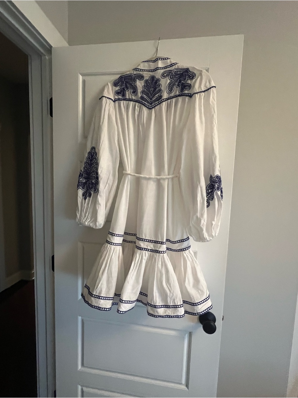 Bohemian White Dress with Blue Embroidery